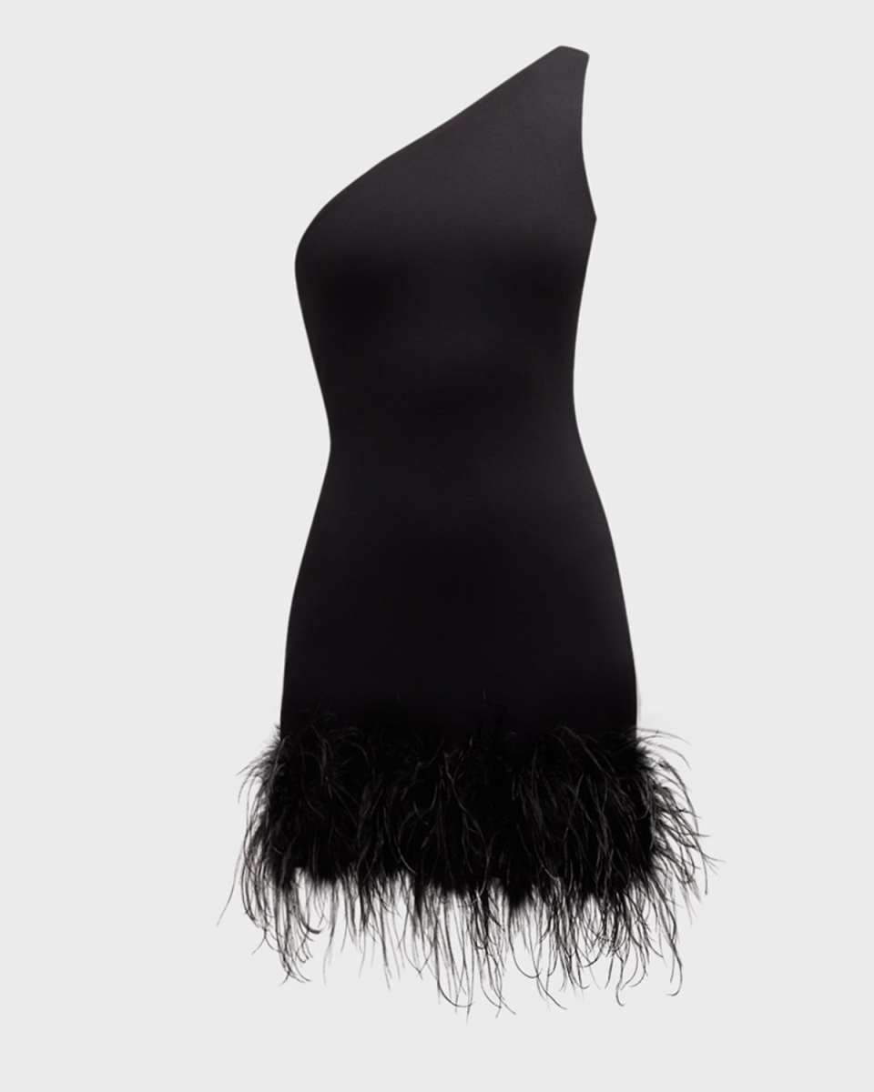 Tafia One-Shoulder Feather-Hem Mini Dress